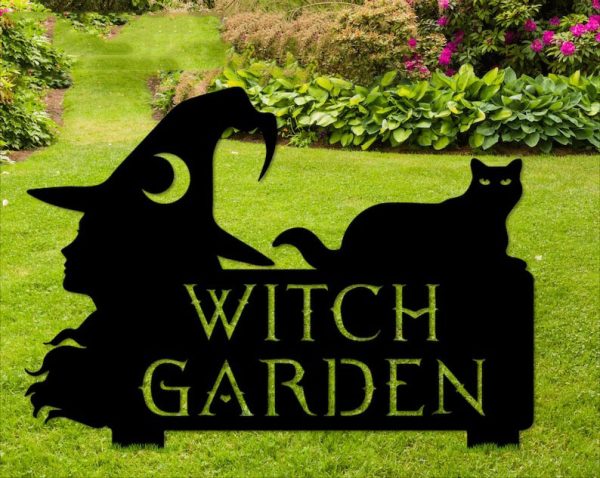 Personalized Witch and Black Cat Magical Garden Decorative Custom Metal Sign