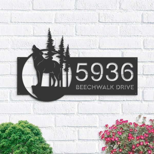 Personalized Wolf Howling Wild Life Mountain Forest Address Sign House Number Plaque Custom Metal Sign