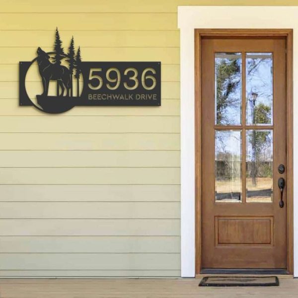 Personalized Wolf Howling Wild Life Mountain Forest Address Sign House Number Plaque Custom Metal Sign