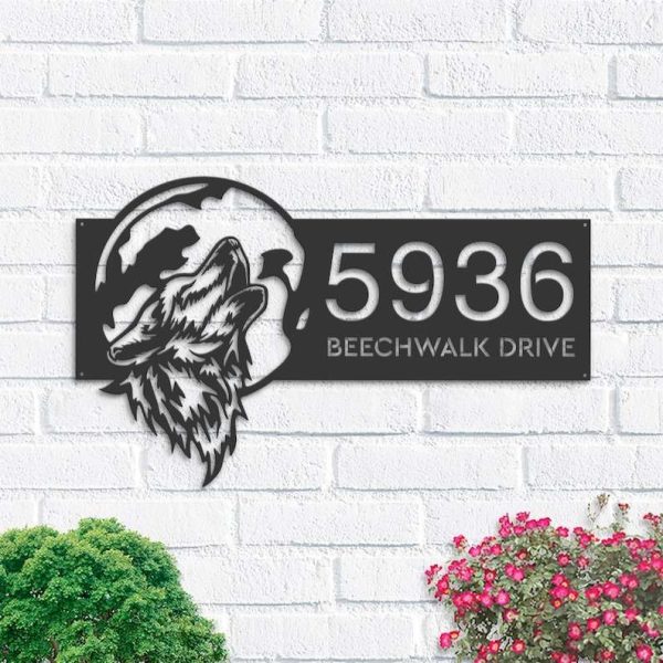 Personalized Wolf Howling on Full Moon Address Sign House Number Plaque Custom Metal Sign