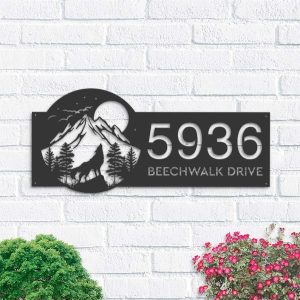 Personalized Wolf Howling on Full Moon Moutain Address Sign House Number Plaque Custom Metal Sign