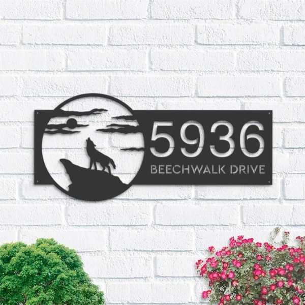 Personalized Wolf howling Full Moon Wild Animal Address Sign House Number Plaque Custom Metal Sign