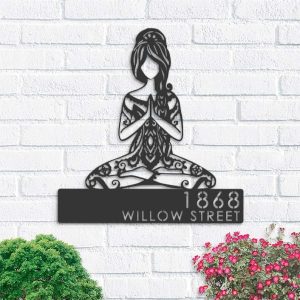 Personalized Yoga Girl in Hippie Style Namaste Address Sign House Number Plaque Custom Metal Sign