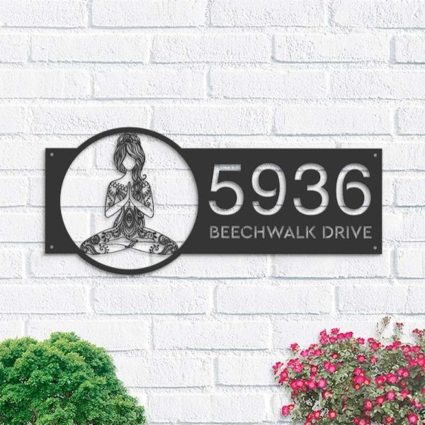 Personalized Yoga Girl in Hippie Style Namaste Address Sign House Number Plaque Custom Metal Sign