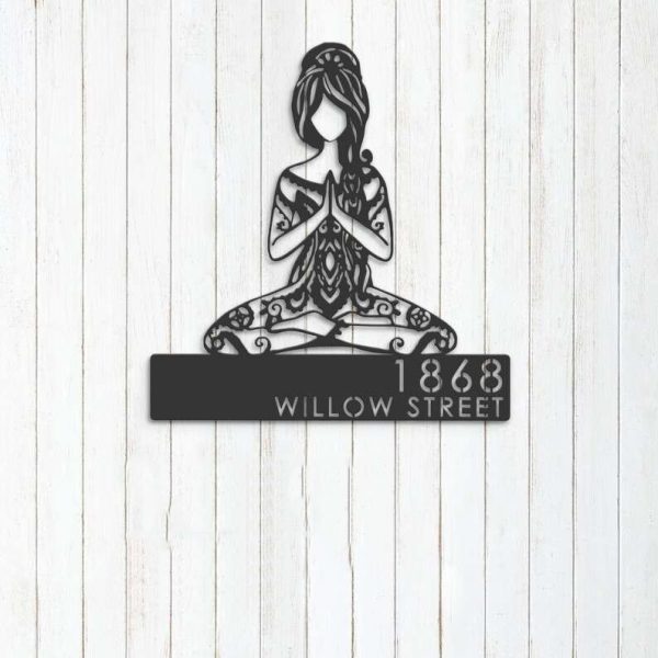 Personalized Yoga Girl in Hippie Style Namaste Address Sign House Number Plaque Custom Metal Sign