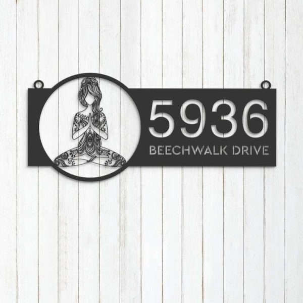 Personalized Yoga Girl in Hippie Style Namaste Address Sign House Number Plaque Custom Metal Sign