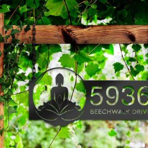 Personalized Zen Lotus Buddha Address Sign House Number Plaque Custom Metal Sign 3