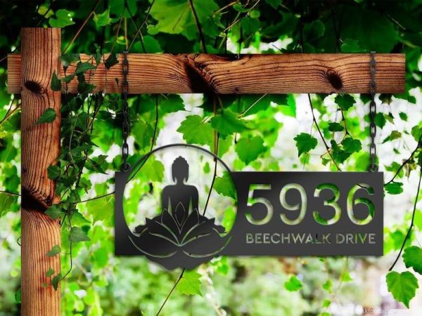 Personalized Zen Lotus Buddha Address Sign House Number Plaque Custom Metal Sign