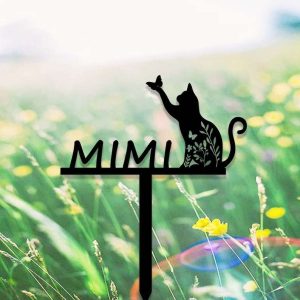 Personalized floral Cat with Butterfly Memorial Sign Yard Stakes Grave Marker Cemetery Decor Custom Metal Sign