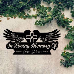 Personalized Angel Wings and Cross Memorial Sign In Loving Memory of Loved One Custom Metal Sign