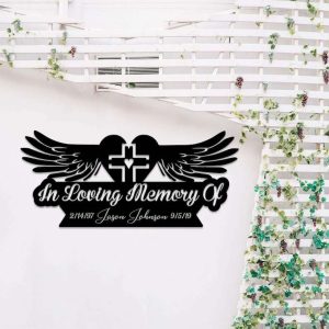 Personalized Angel Wings and Cross Memorial Sign In Loving Memory of Loved One Custom Metal Sign 2