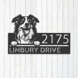 Personalized Australian Shepherd Dog Address Sign Cute Puppy House Number Plaque Custom Metal Sign