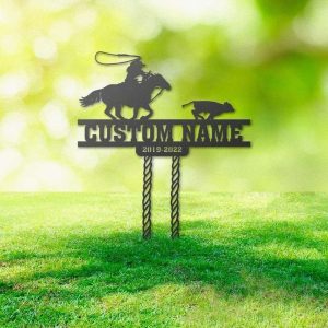 Personalized Cowboy Roping Memorial Sign Yard Stakes Grave Marker Cemetery Decor Custom Metal Sign 1