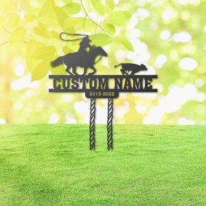 Personalized Cowboy Roping Memorial Sign Yard Stakes Grave Marker Cemetery Decor Custom Metal Sign 2