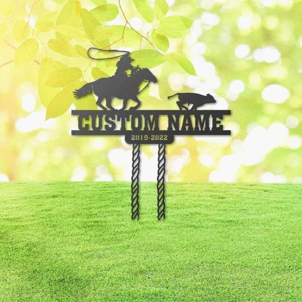 Personalized Cowboy Roping Memorial Sign Yard Stakes Grave Marker Cemetery Decor Custom Metal Sign