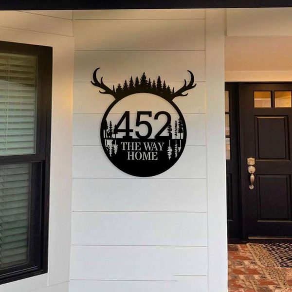 Personalized Deer Horn Address Sign V1 Deer Hunter House Number Plaque Custom Metal Sign