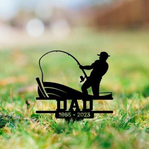 Personalized Fishing Memorial Sign Yard Stakes Fisherman Grave Marker Cemetery Decor Custom Metal Sign 1