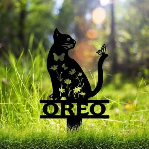 Personalized Floral Cat with Butterfly Memorial Sign Yard Stakes Grave Marker Cemetery Decor Custom Metal Sign