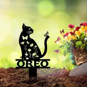 Personalized Floral Cat with Butterfly Memorial Sign Yard Stakes Grave Marker Cemetery Decor Custom Metal Sign 2