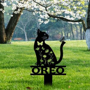 Personalized Floral Cat with Butterfly Memorial Sign Yard Stakes Grave Marker Cemetery Decor Custom Metal Sign 3