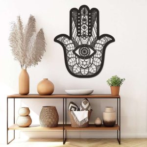 Personalized Hamsa Hand Evil Eyes Hand of Fatima V4 Yoga Studio Home Decor Custom Metal Sign 1