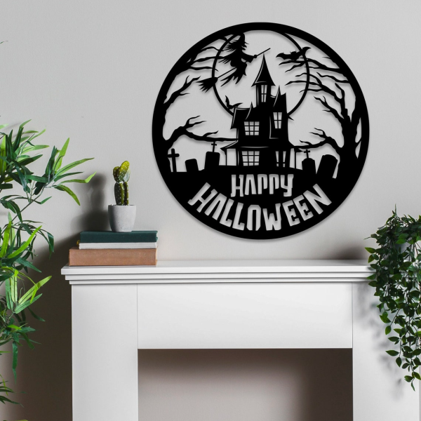 Personalized Haunted House Metal Sign Witch Happy Halloween Decoration for Home