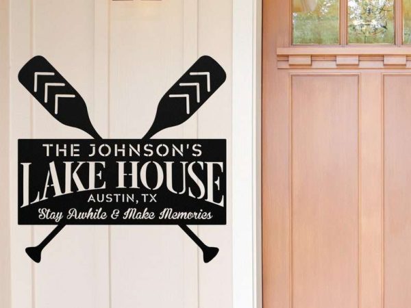 Personalized Lake House Custom Family Name and Address Sign Stay Awhile and Make Memories Lake Home Decor Custom Metal Sign