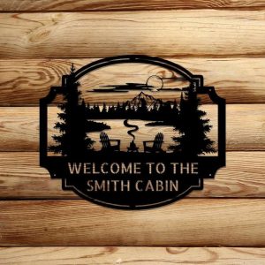 Personalized Lake Scene Welcome to Our Cabin Sign Lakehouse Beach House Home Decor Custom Metal Sign 1