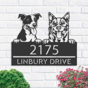 Personalized Red Heeler and Jack Russel Terrier Address Sign Cute Puppy House Number Plaque Custom Metal Sign 1