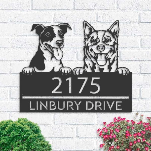 Personalized Red Heeler and Jack Russel Terrier Address Sign Cute Puppy House Number Plaque Custom Metal Sign