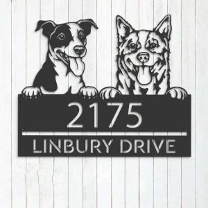 Personalized Red Heeler and Jack Russel Terrier Address Sign Cute Puppy House Number Plaque Custom Metal Sign 3