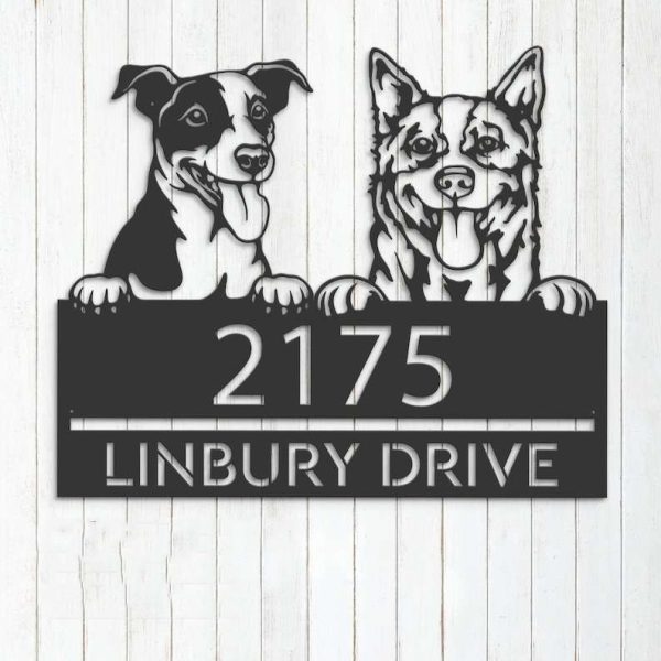 Personalized Red Heeler and Jack Russel Terrier Address Sign Cute Puppy House Number Plaque Custom Metal Sign