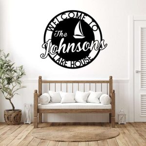 Personalized Sailboat Lake Sign Lakehouse Beach House Home Decor Custom Metal Sign