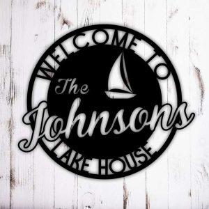 Personalized Sailboat Lake Sign Lakehouse Beach House Home Decor Custom Metal Sign