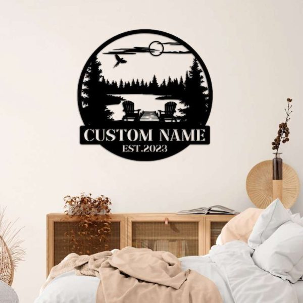 Personalized Forest Lake Scene Sign Lakehouse Beach House Home Decor Custom Metal Sign