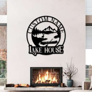 Personalized Lake Scene Campsite Sign Lakehouse Beach House Home Decor Custom Metal Sign