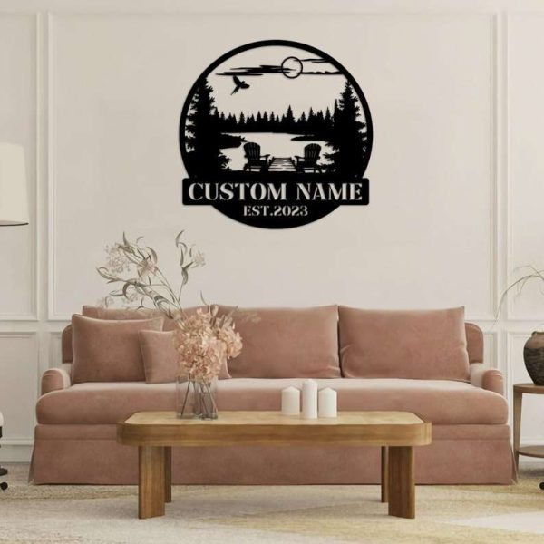 Personalized Forest Lake Scene Sign Lakehouse Beach House Home Decor Custom Metal Sign