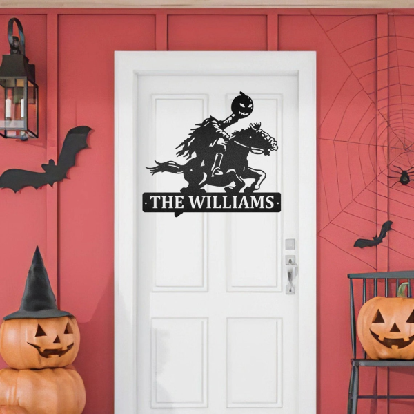 Personalized Spooky Headless Horseman Metal Sign Custom Family Name Welcome Sign Halloween Outdoor Decor