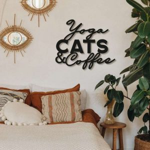 Personalized Yoga Cats & Coffee Sign Yoga Studio Home Decor Custom Metal Sign
