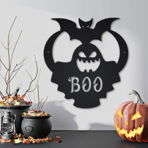 Ghost Boo With Bat Metal Sign Haunted House Sign Halloween Decoration For Home 2