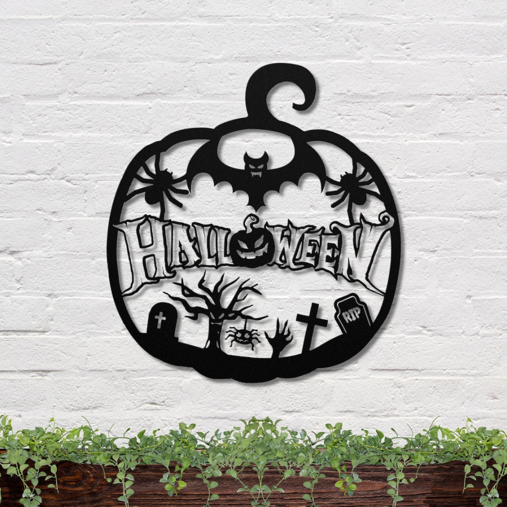 Halloween Pumpkin Metal Sign Spooky Spider RIP Sign Halloween Decoration For Home 1