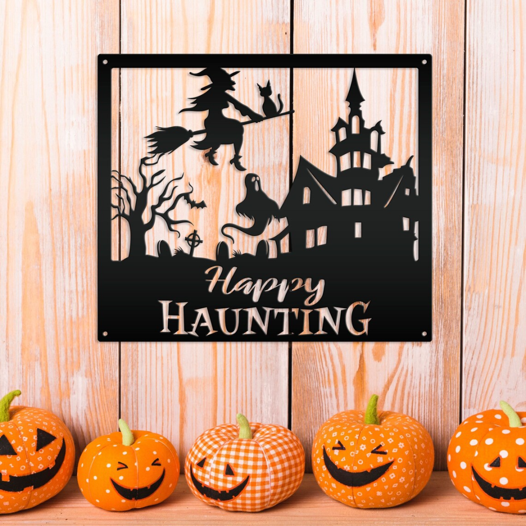 Happy Haunting Metal Sign Haunted House Sign Halloween Decoration For Home 1