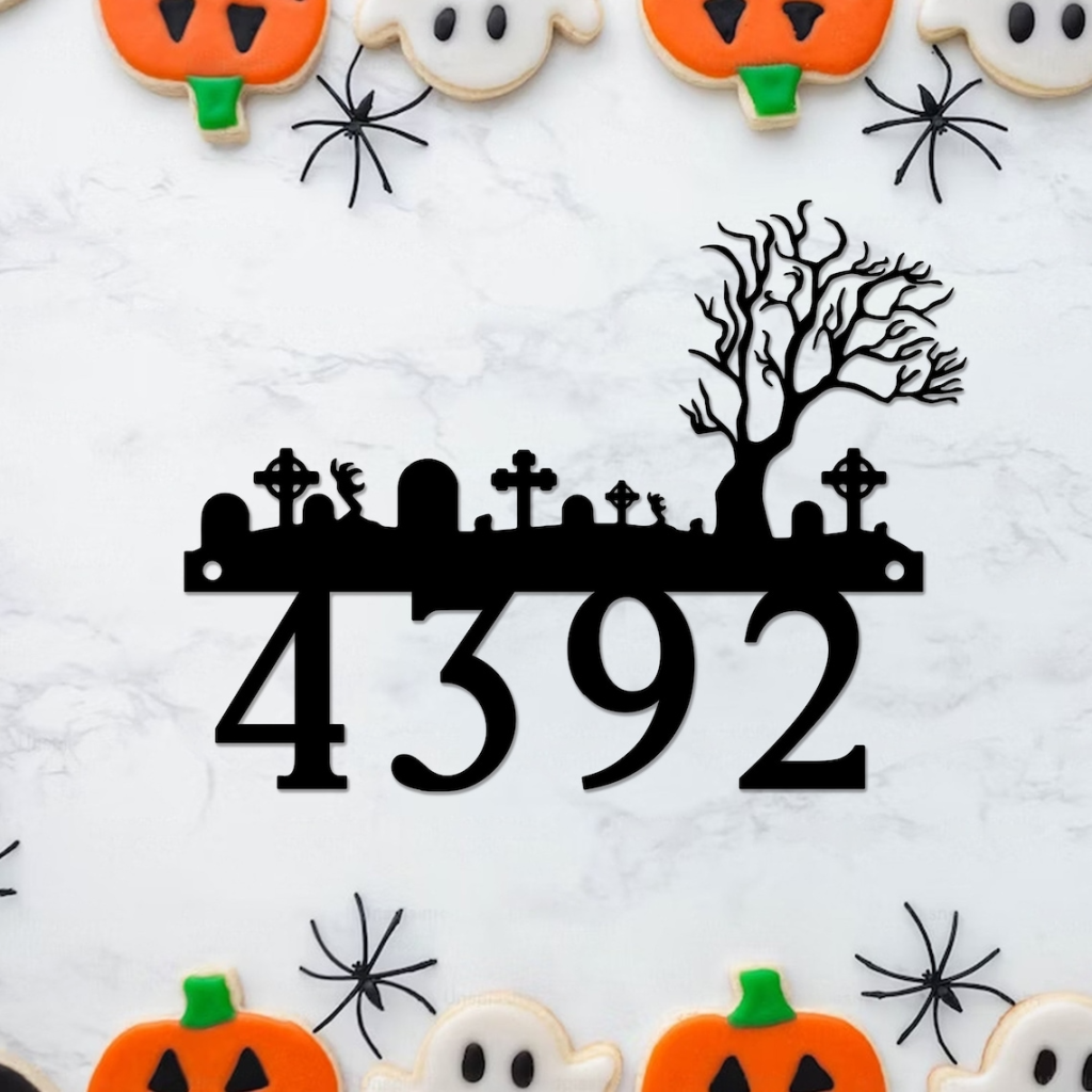 Personalized Halloween Cemetery Metal Sign Custom House Number Signs Halloween Decoration for Home 1