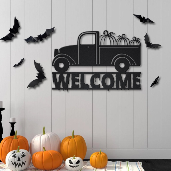 Personalized Pumpkin Truck Metal Sign Welcome Signs Halloween Decoration For Home