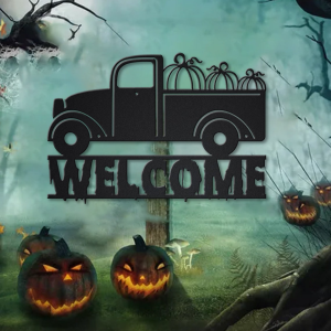 Personalized Pumpkin Truck Metal Sign Welcome Signs Halloween Decoration For Home 4
