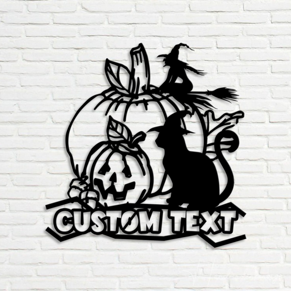 Personalized Witch Cat and Pumpkin Metal Sign Scary Black Cat Signs Halloween Decoration for Home