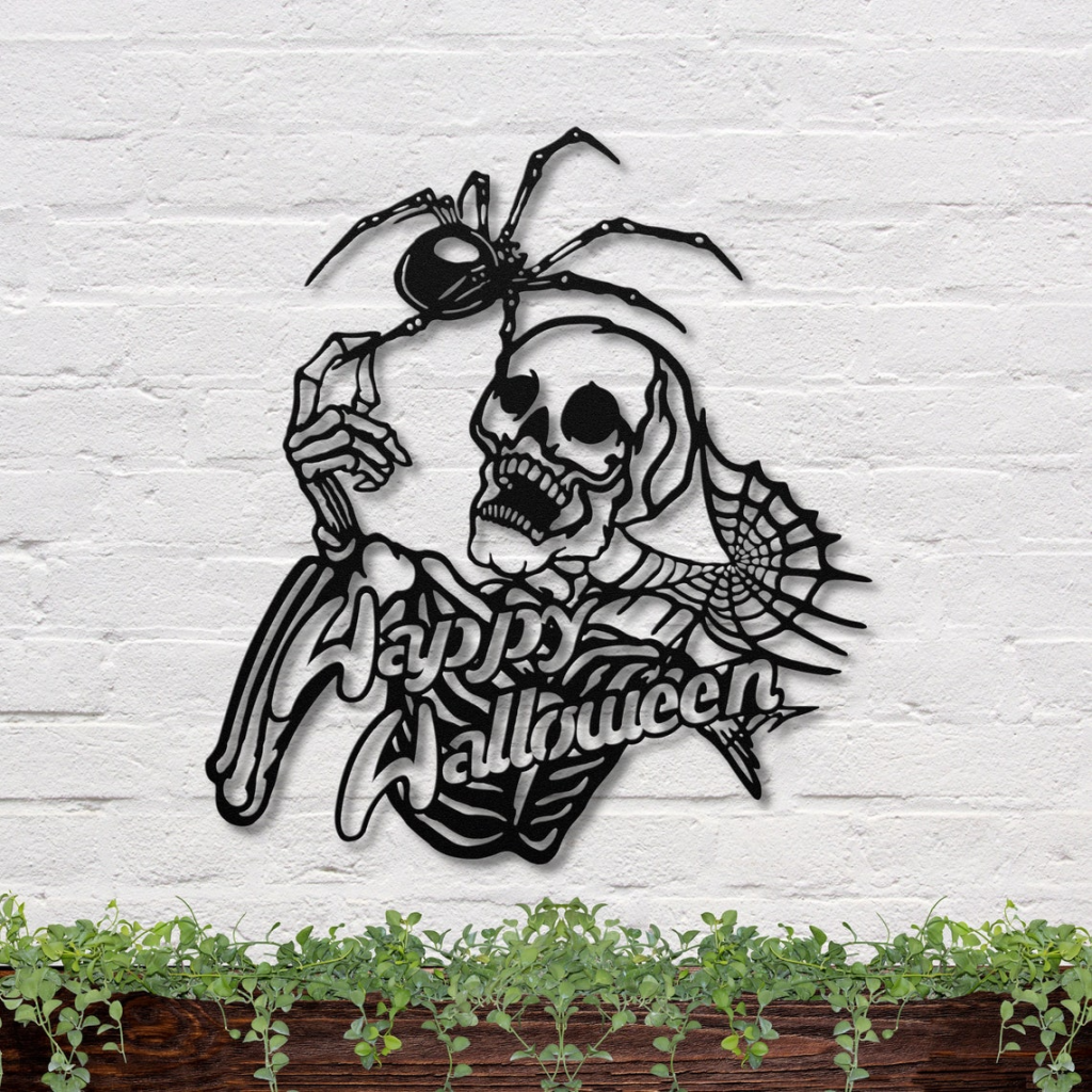 Skeleton With Spider Metal Sign Spiderweb Signs Halloween Decoration for Home 1