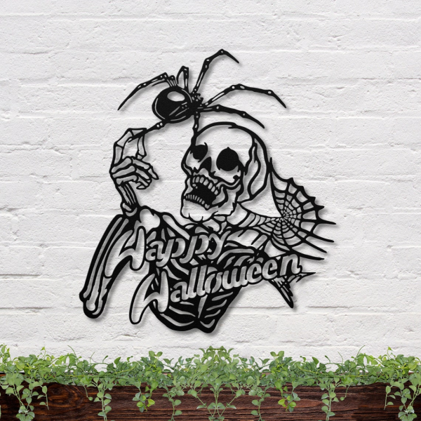 Skeleton With Spider Metal Sign Spiderweb Signs Halloween Decoration for Home