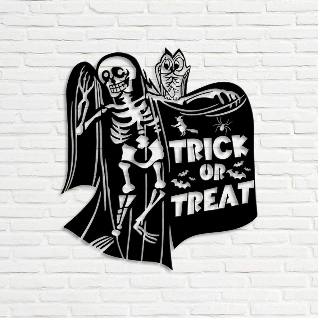 Trick Or Treat Skeleton Metal Sign Horror Skeleton Signs Halloween Decoration for Home 1