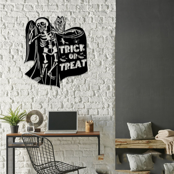 Trick Or Treat Skeleton Metal Sign Horror Skeleton Signs Halloween Decoration for Home
